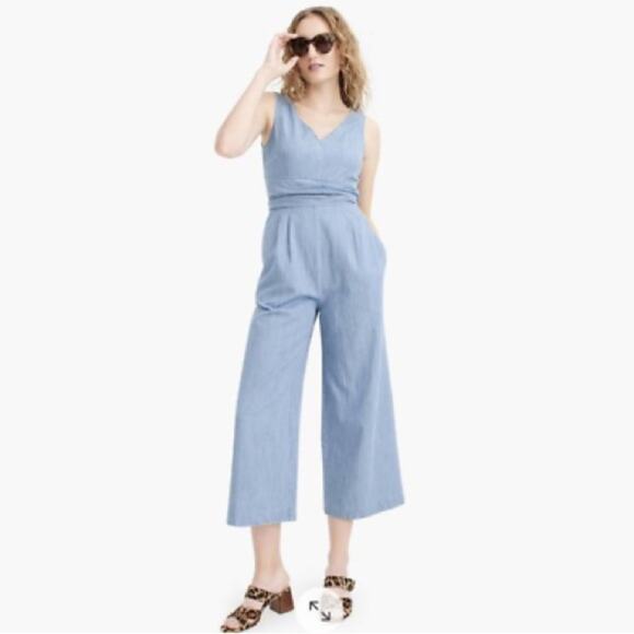 J. Crew Wrap Around Waist Tie V-neck Chambray Blue Jumpsuit Size 0 - Picture 1 of 8